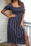 Fashion Elegant Print Split Joint Slit Square Collar A Line Dresses
