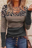 Leopard Print Lace Panel Striped Casual T-Shirt