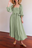 Street Solid Patchwork Square Collar Waist Skirt Dresses