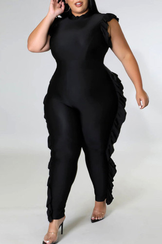 Black Casual Solid Patchwork Stringy Selvedge O Neck Plus Size Jumpsuits