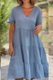 Casual Sweet Solid Patchwork V Neck Short Sleeve Dress Dresses