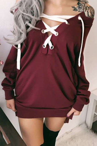 Casual Solid Draw String V Neck Tops