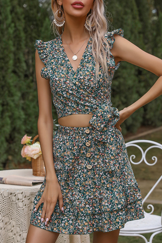Elegant Floral Frenulum Buttons Flounce V Neck Two Pieces