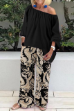 Casual Print Patchwork One Shoulder Half Sleeve Two Pieces