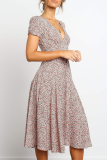 Elegant Print Split Joint Frenulum V Neck A Line Dresses