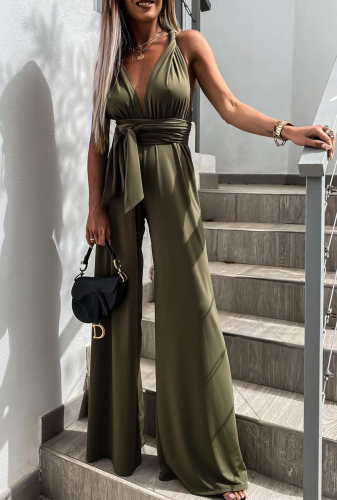 Street Solid Bandage Halter Loose Jumpsuits