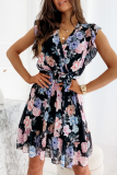 Fashion Elegant Floral Flounce With Belt V Neck A Line Dresses
