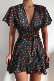 Fashion Elegant Print With Belt V Neck A Line Dresses
