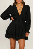 Fashion Street Solid Split Joint V Neck Cake Skirt Dresses