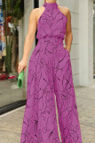 Casual Simplicity Print Patchwork Frenulum Halter Loose Jumpsuits