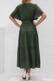 Elegant Solid Split Joint With Belt V Neck Cake Skirt Dresses