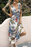 Fashion Street Print Split Joint V Neck Waist Skirt Dresses