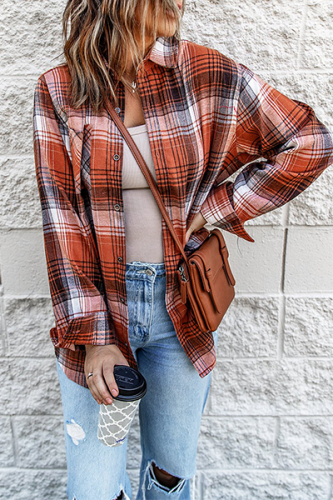 Casual Plaid Patchwork Buckle Turndown Collar Tops