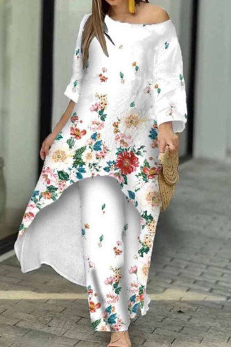 Casual Print Asymmetrical O Neck Three Quarter Two Pieces