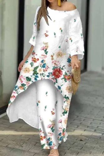 Casual Print Asymmetrical O Neck Three Quarter Two Pieces
