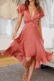 Fashion Elegant Solid Knotted With Belt V Neck Irregular Dress Dresses