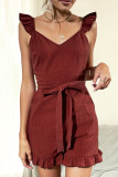 Casual Solid With Bow Stringy Selvedge V Neck Regular Rompers
