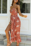 Fashion Sexy Print Split Joint V Neck Waist Skirt Dresses