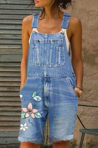 Casual Patchwork Embroidered Pocket Regular Denim Jumpsuits