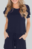 Casual Striped Solid Hollowed Out Buttons O Neck Straight Rompers