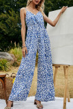 Fashion Street Print Patchwork V Neck Loose Jumpsuits