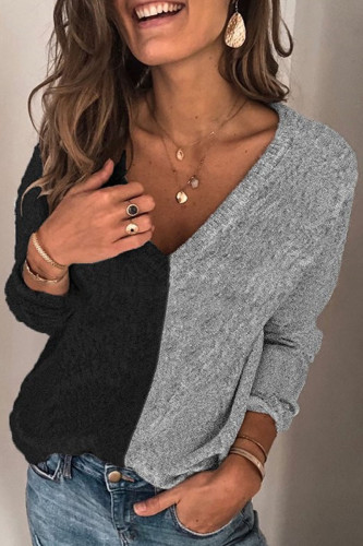 Fashion Street Solid Patchwork V Neck Tops