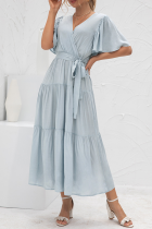 Elegant Solid Split Joint With Belt V Neck Cake Skirt Dresses
