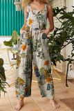 Casual Print Pocket Buttons Square Collar Straight Jumpsuits