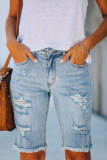 Street Solid Rivets Ripped Capris Straight Denim Shorts