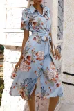 Fashion Street Print Split Joint Turndown Collar A Line Dresses