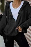 Casual Solid Draw String Zipper Hooded Collar Tops