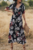 Elegant Floral Draw String Slit V Neck A Line Dresses