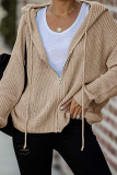 Casual Solid Draw String Zipper Hooded Collar Tops