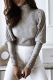 Casual Solid Buckle Fold Turtleneck Tops