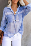 Casual Plaid Striped Pocket Buckle Turndown Collar Tops