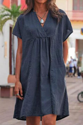 Casual Solid Split Joint V Neck Short Sleeve Dress Dresses