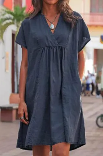 Casual Solid Split Joint V Neck Short Sleeve Dress Dresses