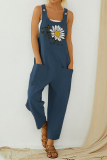 Casual Print Pocket Buttons U Neck Straight Jumpsuits
