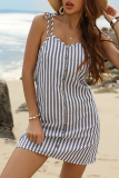 Elegant Striped Buckle Strap Design V Neck A Line Dresses