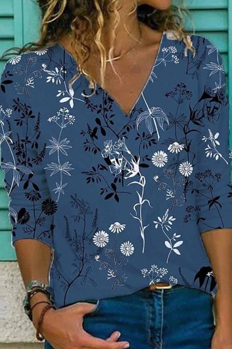 Street Print Patchwork V Neck Tops