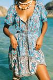 Fashion Casual Print Split Joint V Neck Pleated Dresses