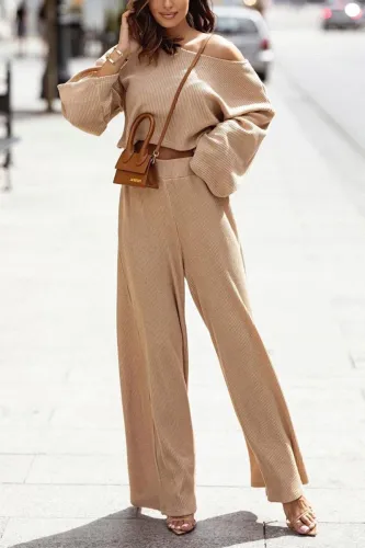 Fashion Sexy Solid Basic Off the Shoulder Long Sleeve Two Pieces