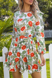 Elegant Floral Flounce With Belt O Neck A Line Dresses