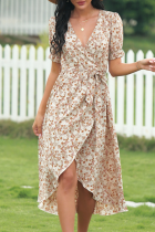 Elegant Print Frenulum V Neck Irregular Dress Dresses