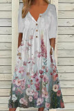 Casual College Print Pocket Buttons O Neck Long Sleeve Dresses