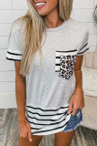 Casual Striped Leopard Patchwork Pocket T-Shirts