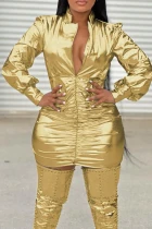 Gold Sexy Street Solid Patchwork Pleated V Neck Pleated Dresses(No Boots)