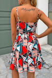 Fashion Street Print Split Joint V Neck Waist Skirt Dresses