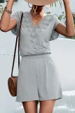 Casual Daily Solid Lace Patchwork V Neck Loose Rompers