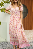 Fashion Elegant Floral Split Joint Buckle V Neck A Line Dresses